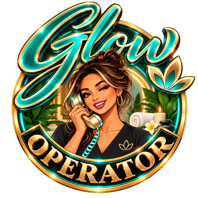 Glow Operator: a winking stylist on a gold vintage phone inside a gold and teal badge